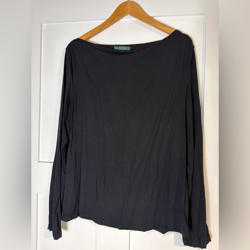 Lauren Ralph Lauren Black Boat Neck Long Sleeve Top XL Stretch Knit Rayon Shirt
